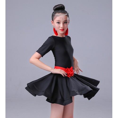 Latin dress for kids children red black stage performance ballroom salsa rumba dance dress